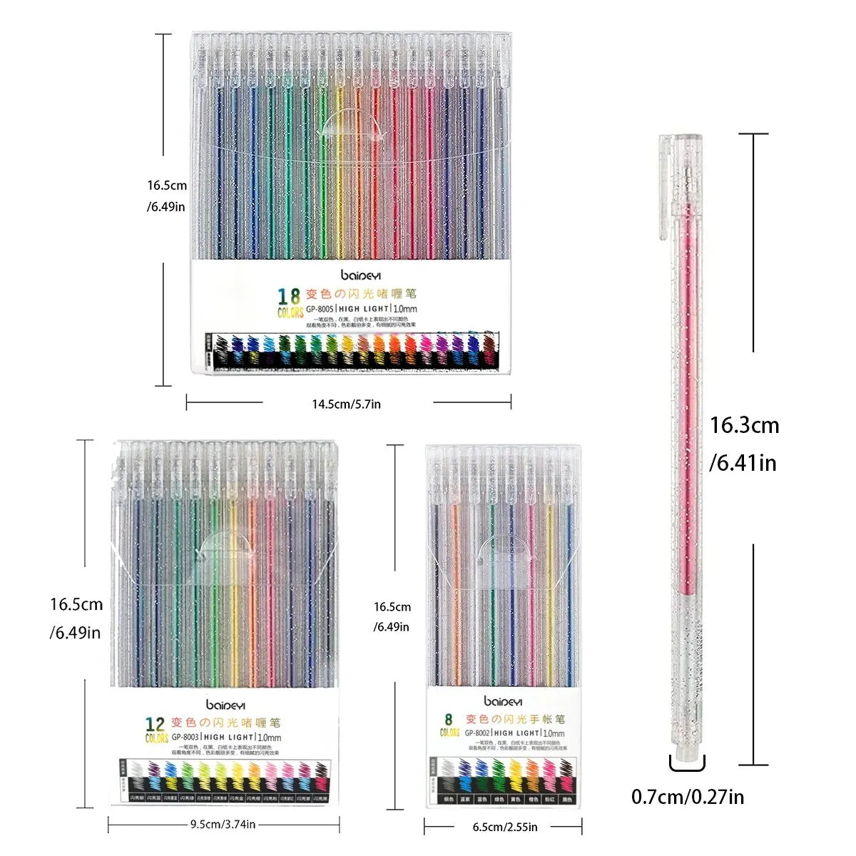 PenStella Glitzer-Gelstifte – 1.0mm Metallic-Glitzer, 8/12/18er Set